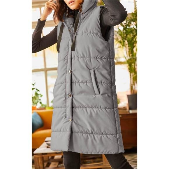 Women's Long Quilted Puffer Vest Hooded Button Down Padded Coats Jacket - Picture 2 of 6